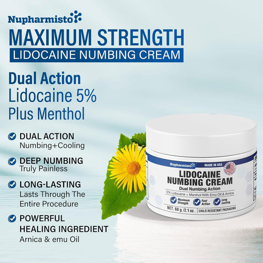 Nupharmisto Lidocaine Numbing Cream Maximum Strength: Long Lasting Painless Topical Numb - Extra Relief with Lidocaine Menthol Arnica and Emu Oil 2.1oz/ 60g