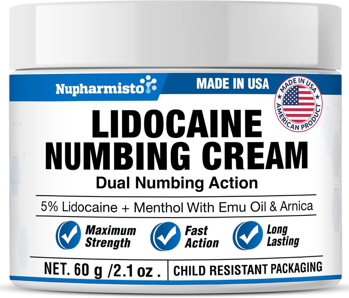 Nupharmisto Lidocaine Numbing Cream Maximum Strength: Long Lasting Painless Topical Numb - Extra Relief with Lidocaine Menthol Arnica and Emu Oil 2.1oz/ 60g