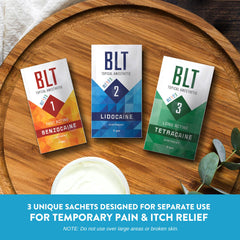 BLT Pain Numbing Creams - 4 Sets (Benzocaine, Lidocaine, Tetracaine), 12 Single-Use Sachets