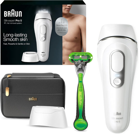 IPL at Home Laser Hair Removal Device for Men and Women, PL5145, with Gillette Razor, Pouch, and Wide Cap Head, Safe & Virtually Painless Alternative to Salon Hair Removal